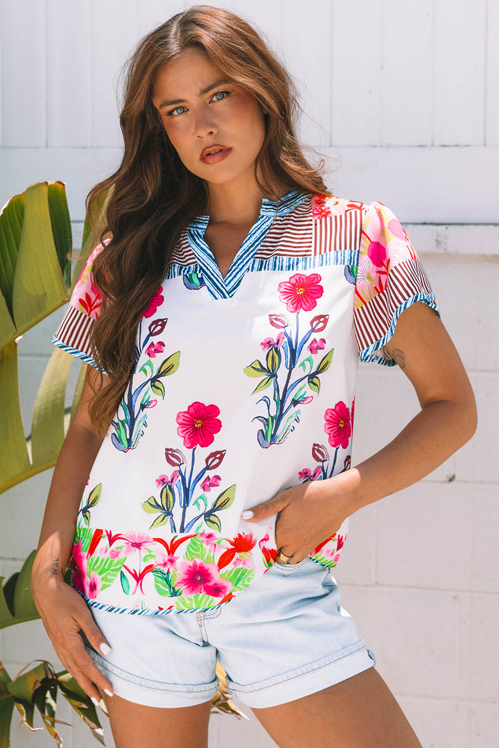 Paradise Bloom Mixed-Print Notch-Neck Top