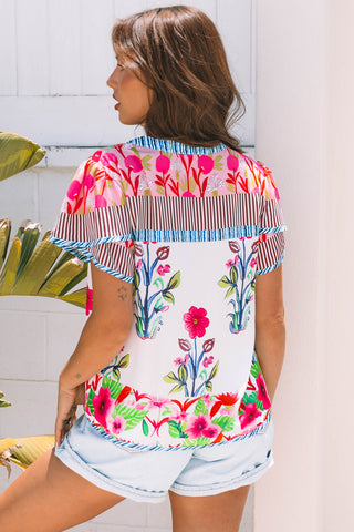 Paradise Bloom Mixed-Print Notch-Neck Top