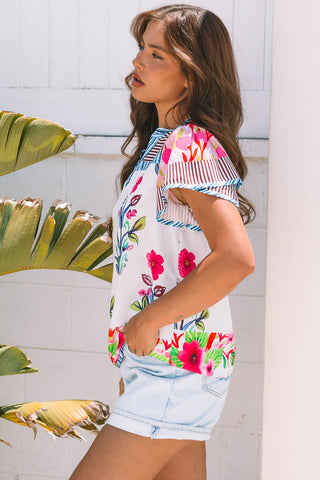 Paradise Bloom Mixed-Print Notch-Neck Top