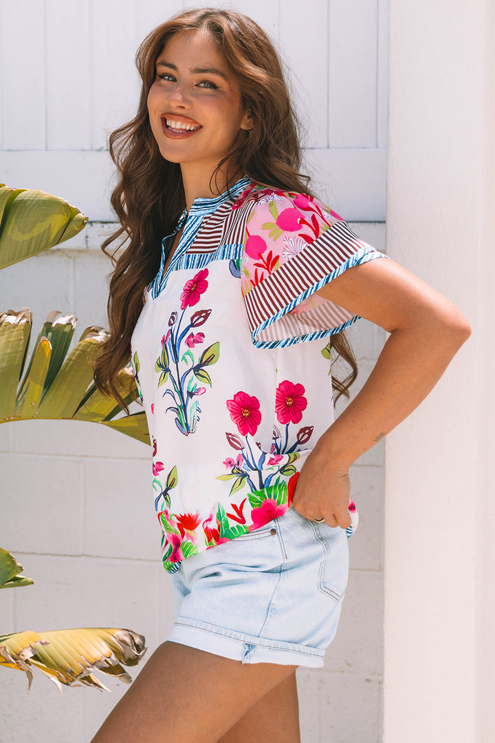Paradise Bloom Mixed-Print Notch-Neck Top