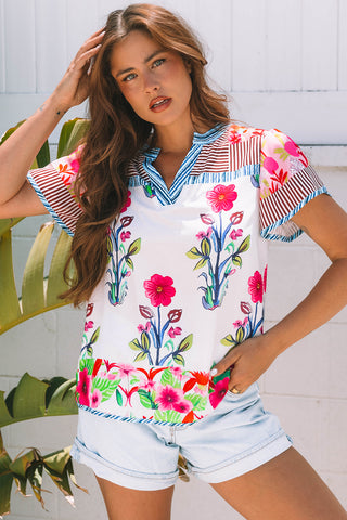 Paradise Bloom Mixed-Print Notch-Neck Top