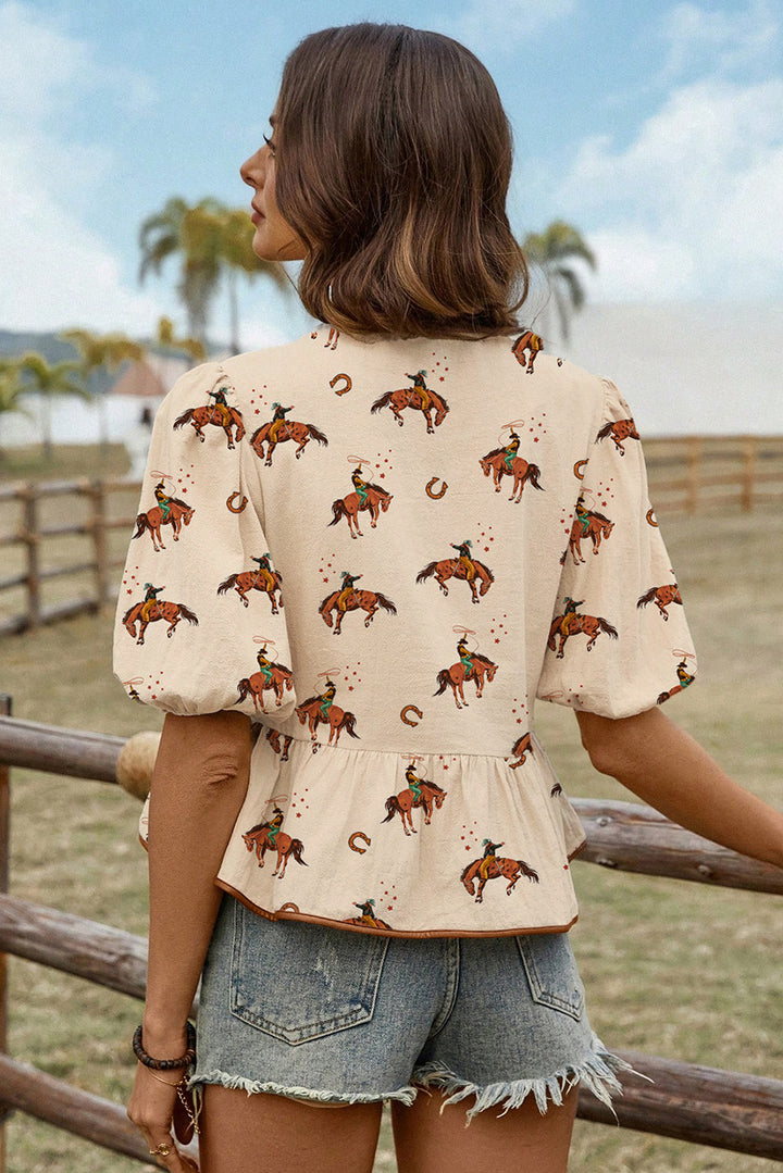 Saddle Up Sugar Puff Sleeve Horse Print Blouse