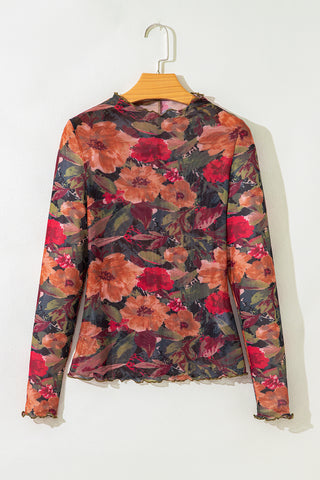 Floral mesh long sleeve top with lettuce trim, front view on model