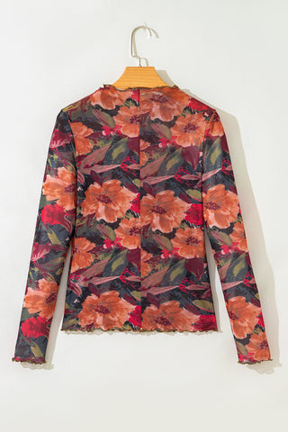 Autumn Bloom floral mesh top on hanger, front view