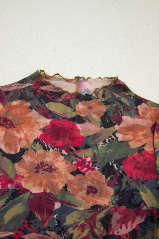 Autumn Bloom floral mesh top on hanger, back view showing center seam