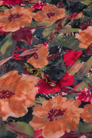 Lettuce edge mock neckline detail on painterly floral mesh top