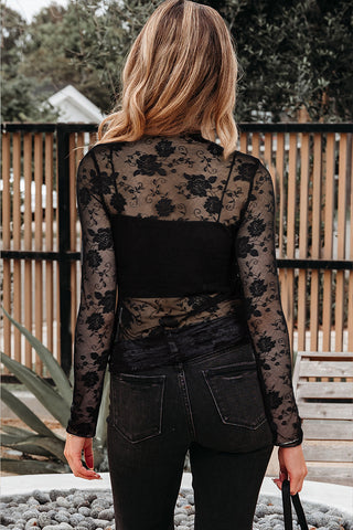 Black Sheer Floral Lace Mock Neck Top – Long Sleeve Mesh Layering Top