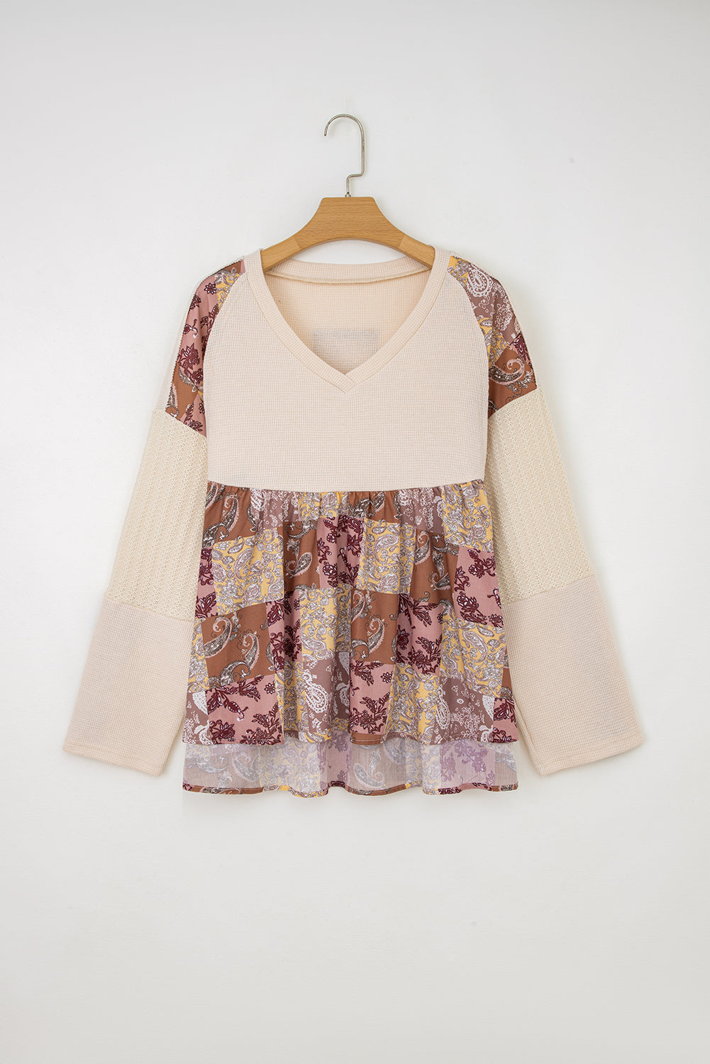 Boho Patchwork Waffle Babydoll Top — Cozy Meets Chic