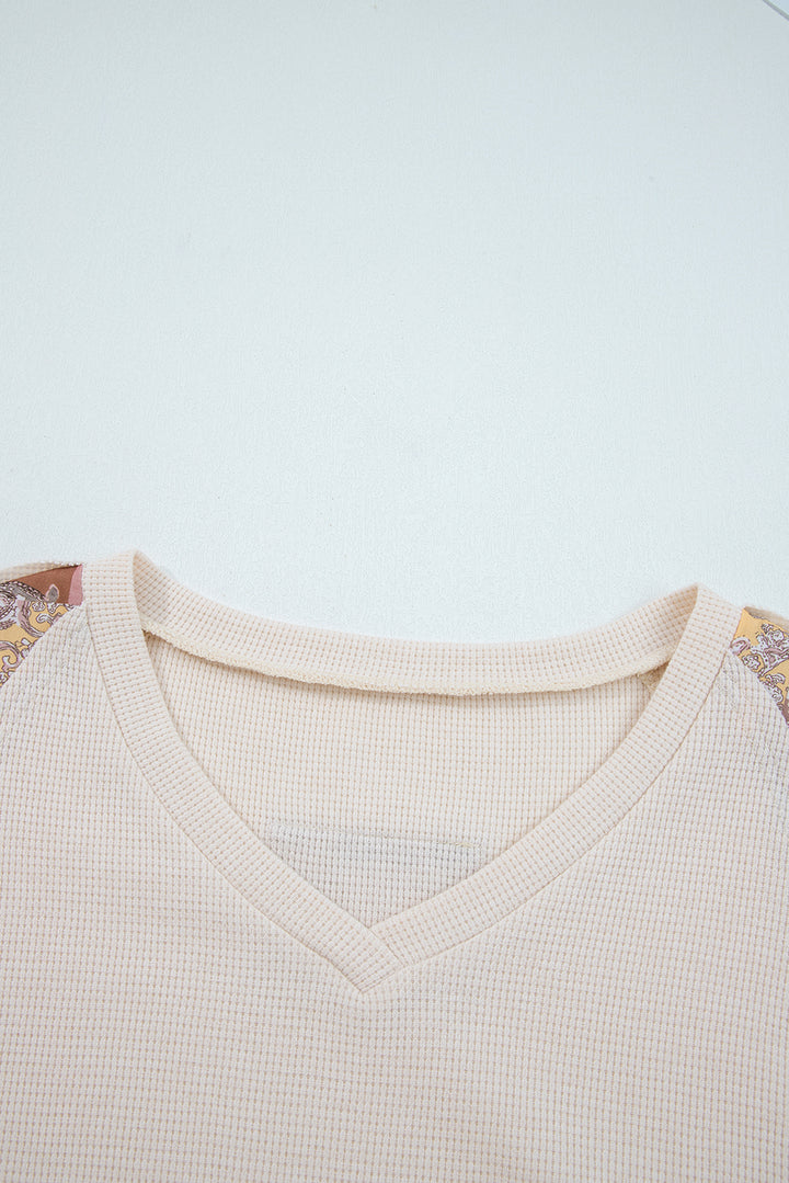 Boho Patchwork Waffle Babydoll Top — Cozy Meets Chic