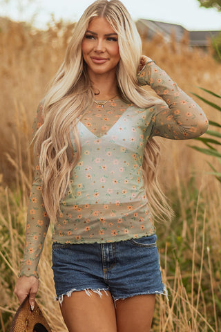 Meadow Muse vintage floral mesh top, close-up detail