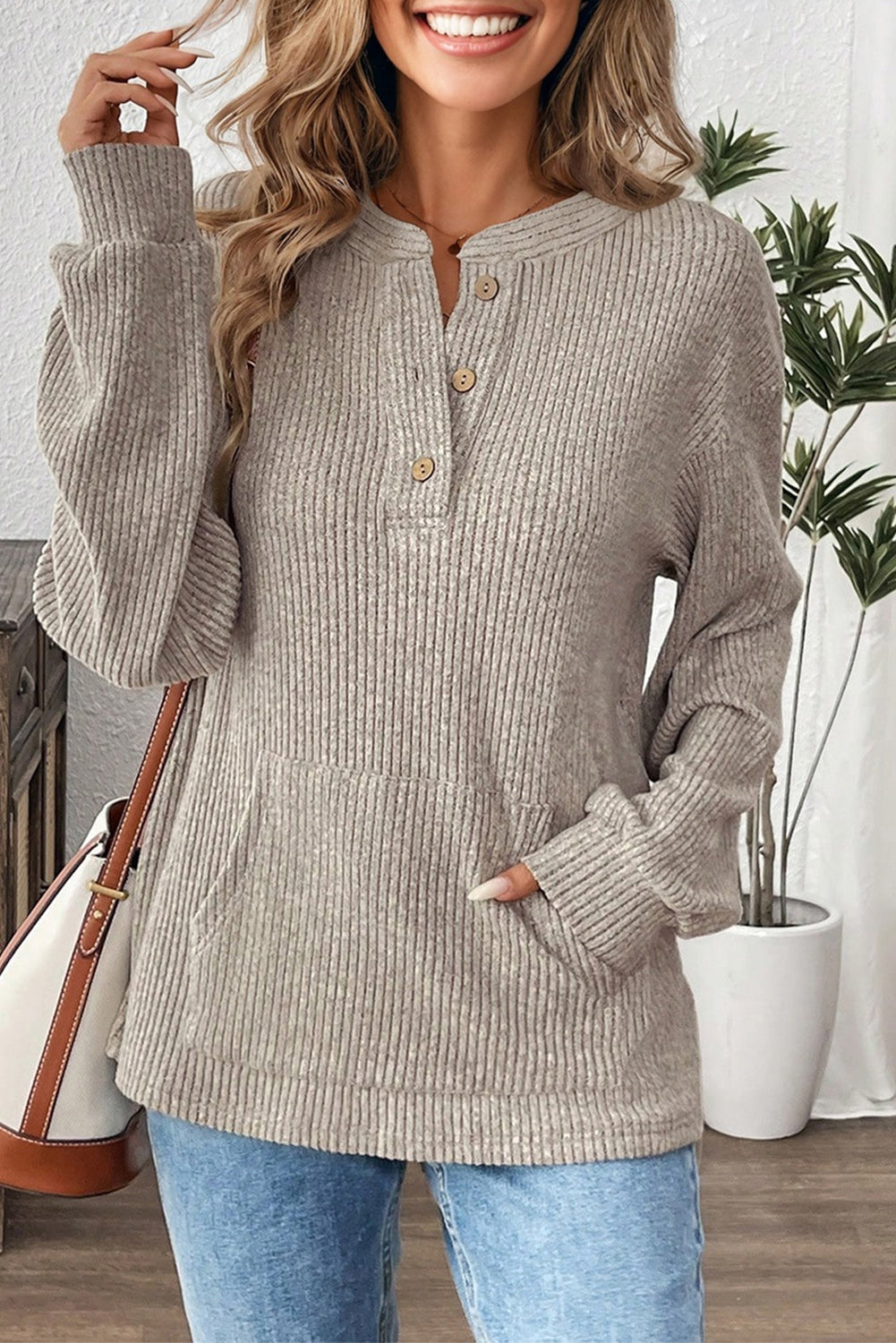 Cozy Ridge Ribbed Henley Pocket Pullover