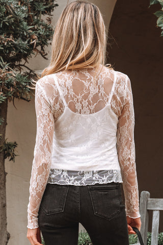 White Sheer Lace Mock Neck Top – Long Sleeve Slim Fit Layering Top