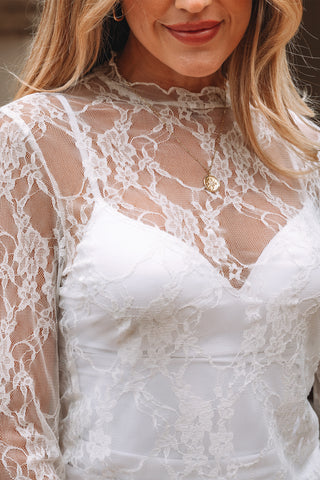 White Sheer Lace Mock Neck Top – Long Sleeve Slim Fit Layering Top