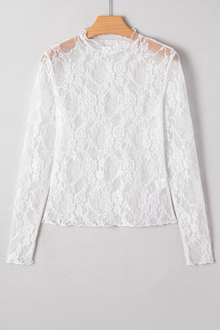 White Sheer Lace Mock Neck Top – Long Sleeve Slim Fit Layering Top