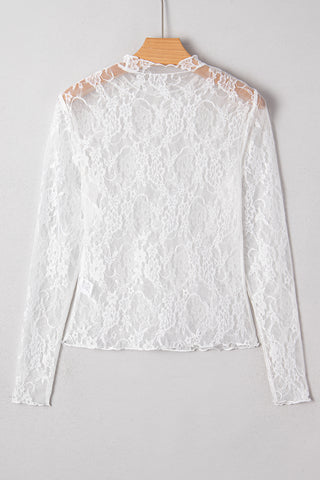 White Sheer Lace Mock Neck Top – Long Sleeve Slim Fit Layering Top