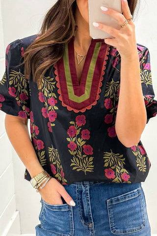 Embroidered Floral Split Neck Blouse – Bubble Sleeve Top