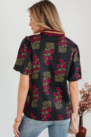 Embroidered Floral Split Neck Blouse – Bubble Sleeve Top