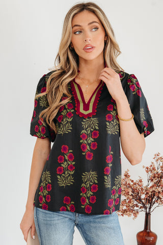 Embroidered Floral Split Neck Blouse – Bubble Sleeve Top