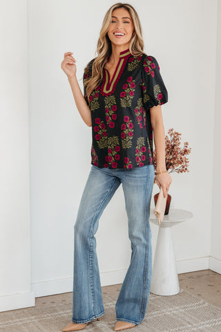 Embroidered Floral Split Neck Blouse – Bubble Sleeve Top