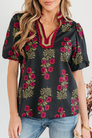 Embroidered Floral Split Neck Blouse – Bubble Sleeve Top