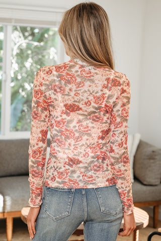 Antique Rose Floral Mock Neck Mesh Long Sleeve Top