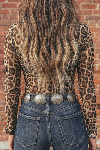 Wild Honey Leopard Mock Neck Mesh Long Sleeve Top