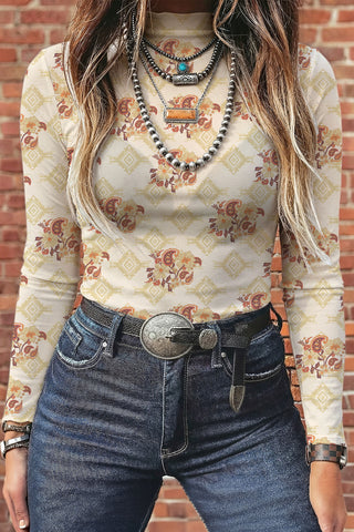 Harvest Moon Paisley Mesh Mock Neck Top