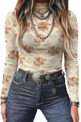 Harvest Moon Paisley Mesh Mock Neck Top