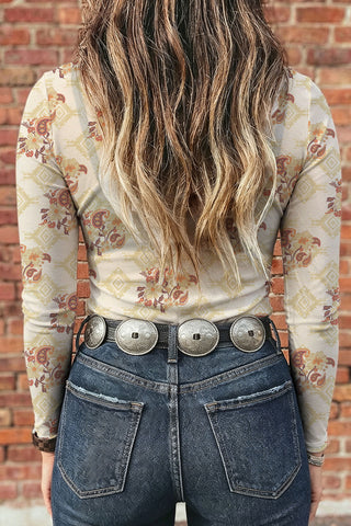 Harvest Moon Paisley Mesh Mock Neck Top