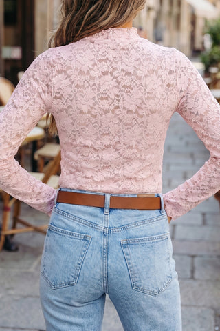 Blush Rose Floral Lace Long Sleeve Mock Neck Top