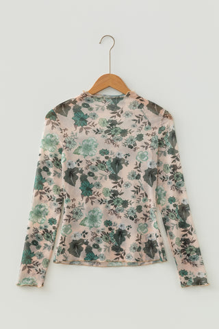 Sagebrush Floral Mock Neck Mesh Long Sleeve Top