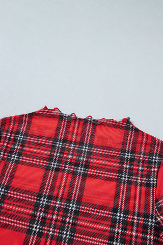 Christmas Morning Red Plaid Mesh Long Sleeve Top