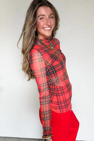 Christmas Morning Red Plaid Mesh Long Sleeve Top