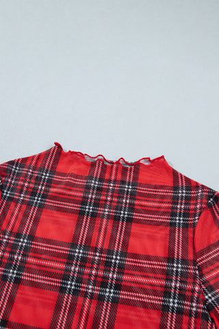 Christmas Morning Red Plaid Mesh Long Sleeve Top