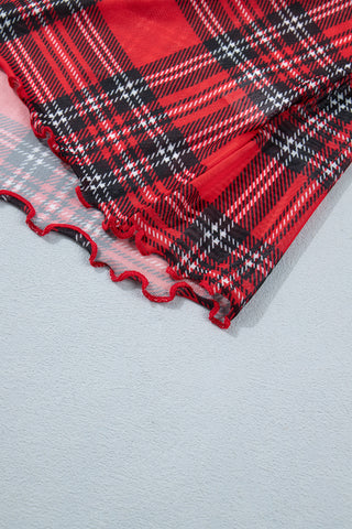 Christmas Morning Red Plaid Mesh Long Sleeve Top