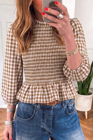 Butterscotch Gingham Shirred Peplum Top
