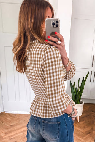 Butterscotch Gingham Shirred Peplum Top