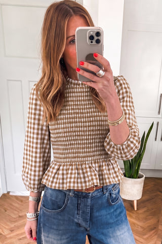 Butterscotch Gingham Shirred Peplum Top
