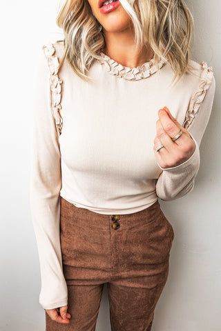 Buttercream Ruffle Shoulder Ribbed Long Sleeve Top