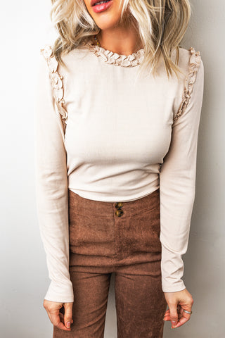 Buttercream Ruffle Shoulder Ribbed Long Sleeve Top