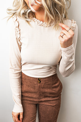 Buttercream Ruffle Shoulder Ribbed Long Sleeve Top