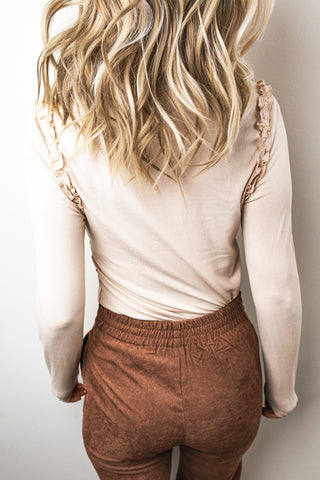 Buttercream Ruffle Shoulder Ribbed Long Sleeve Top