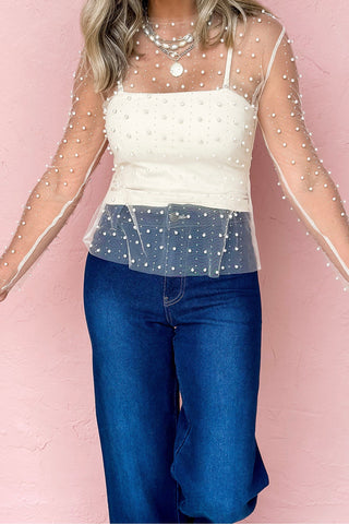 Champagne Toast Pearl Beaded Mesh Top