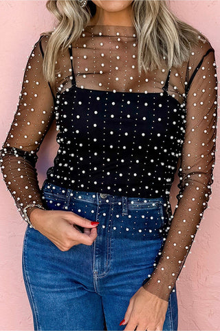 Champagne Toast Pearl Beaded Mesh Top