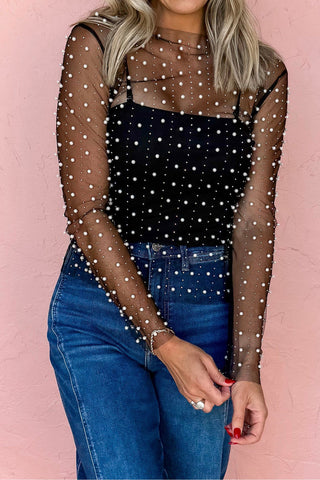 Champagne Toast Pearl Beaded Mesh Top