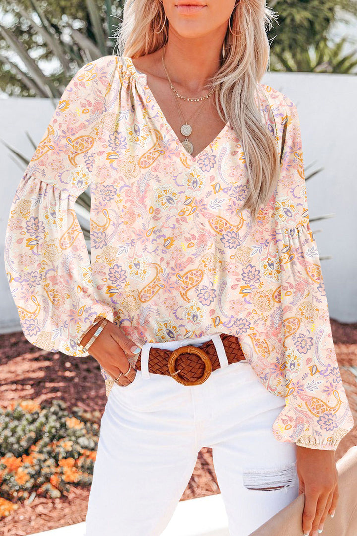 Blush Bloom Boho V-Neck Blouse – Floral Paisley Print
