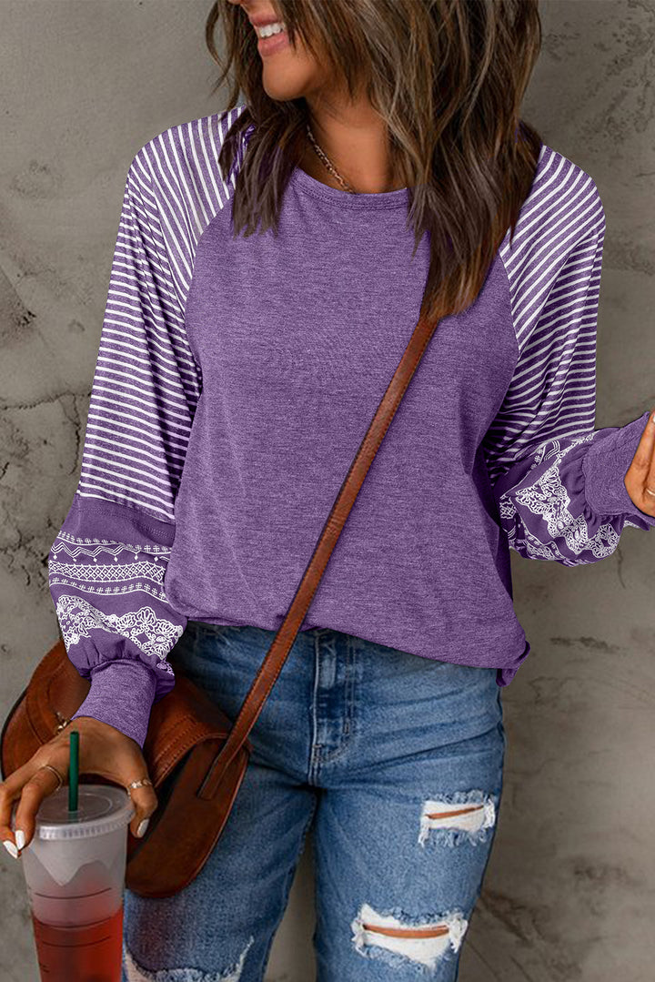 Lavender Lane Raglan — Stripe & Lace Sleeve Top