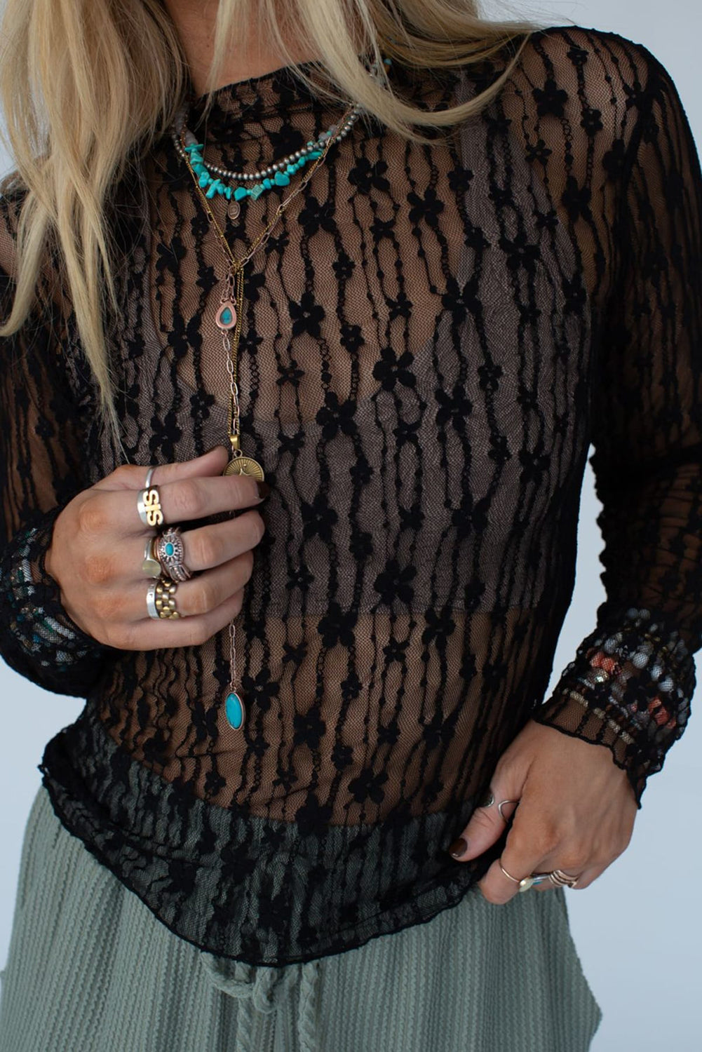 Midnight Bloom Sheer Lace Top – Black Floral Mesh Long Sleeve