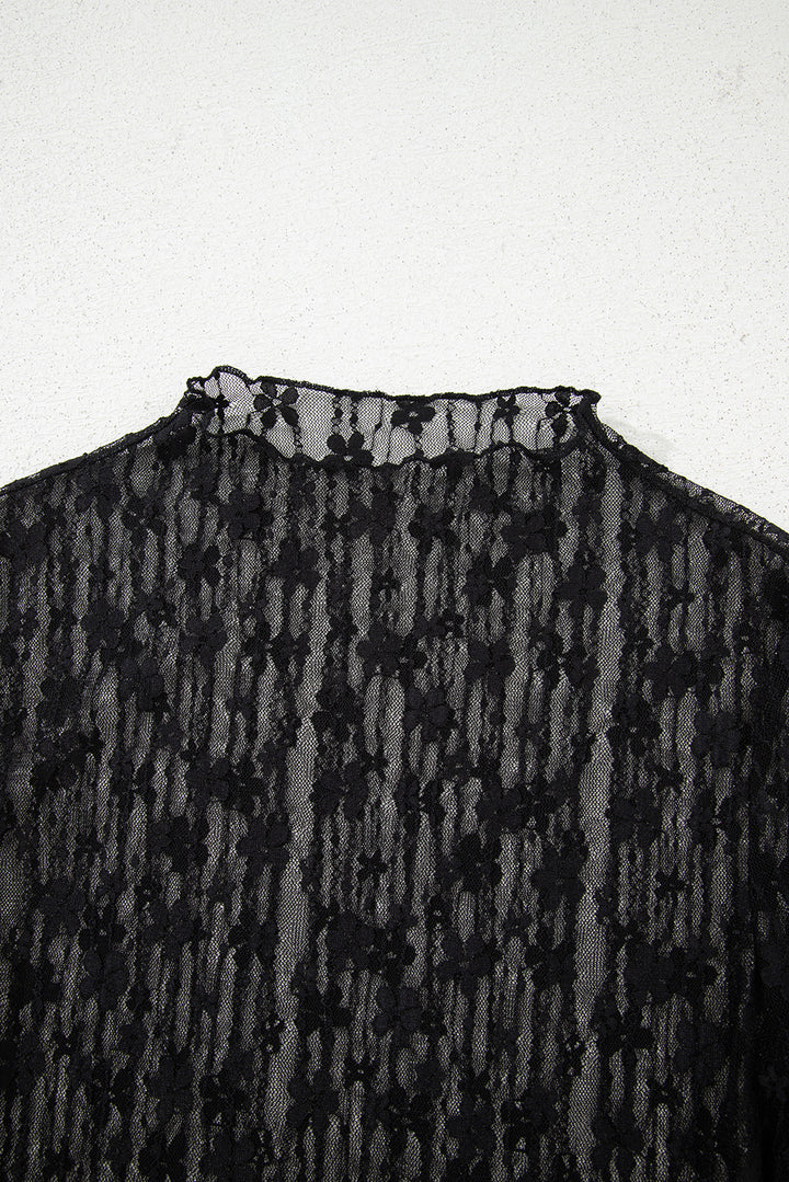 Midnight Bloom Sheer Lace Top – Black Floral Mesh Long Sleeve