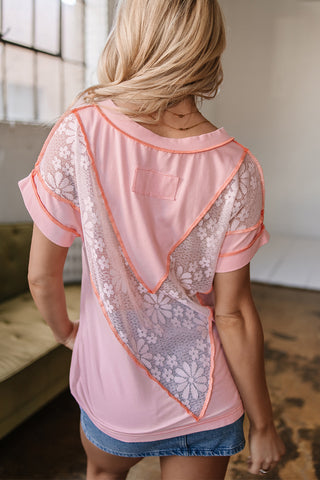 Sugar-Glow Lace-Back V-Neck Tee (Apricot)